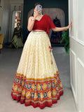 Glamorous Cream Patola Printed Silk Festival Wear Crop Top Lehenga - Zeel Clothing