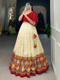 Glamorous Cream Patola Printed Silk Festival Wear Crop Top Lehenga - Zeel Clothing