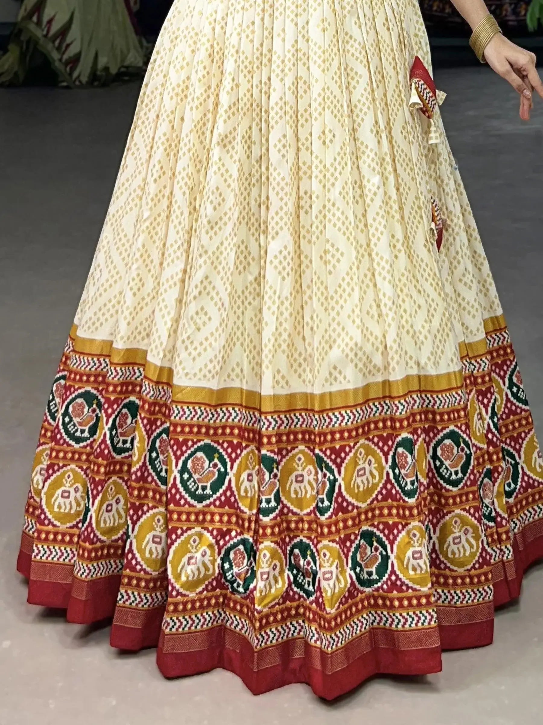 Glamorous Cream Patola Printed Silk Festival Wear Crop Top Lehenga - Zeel Clothing