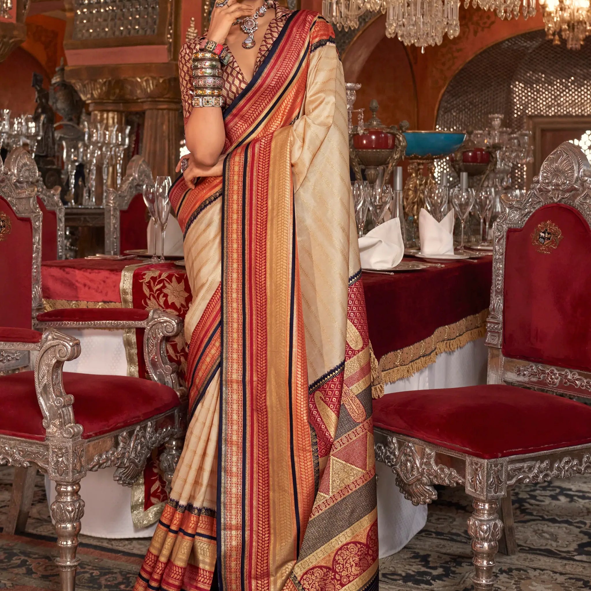 Glamorous Cream Zari Weaving Silk Traditional Saree With Blouse - Zeel Clothing