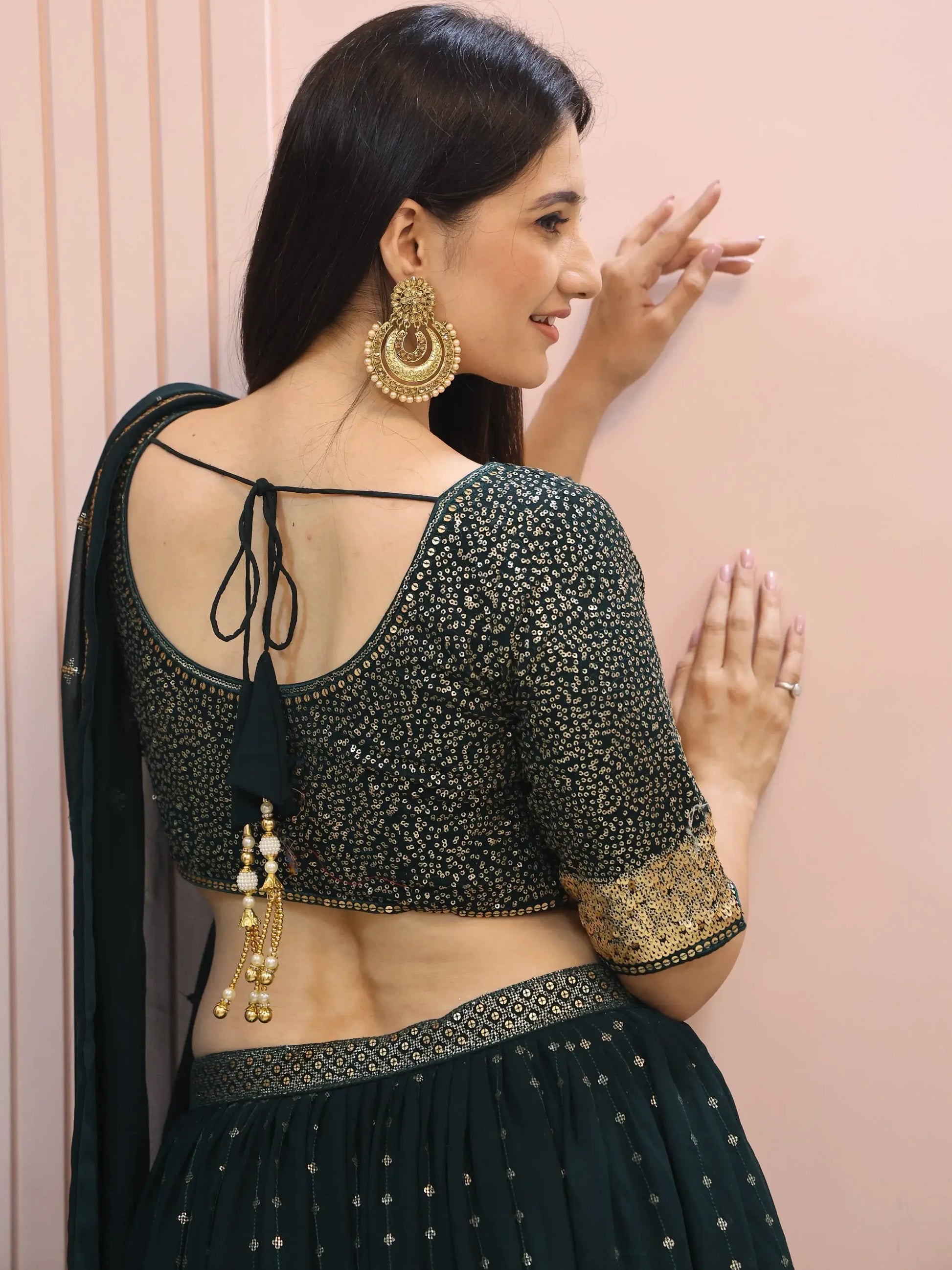 Glamorous Dark Green Sequins Georgette Party Wear Lehenga Choli With Dupatta - Zeel Clothing