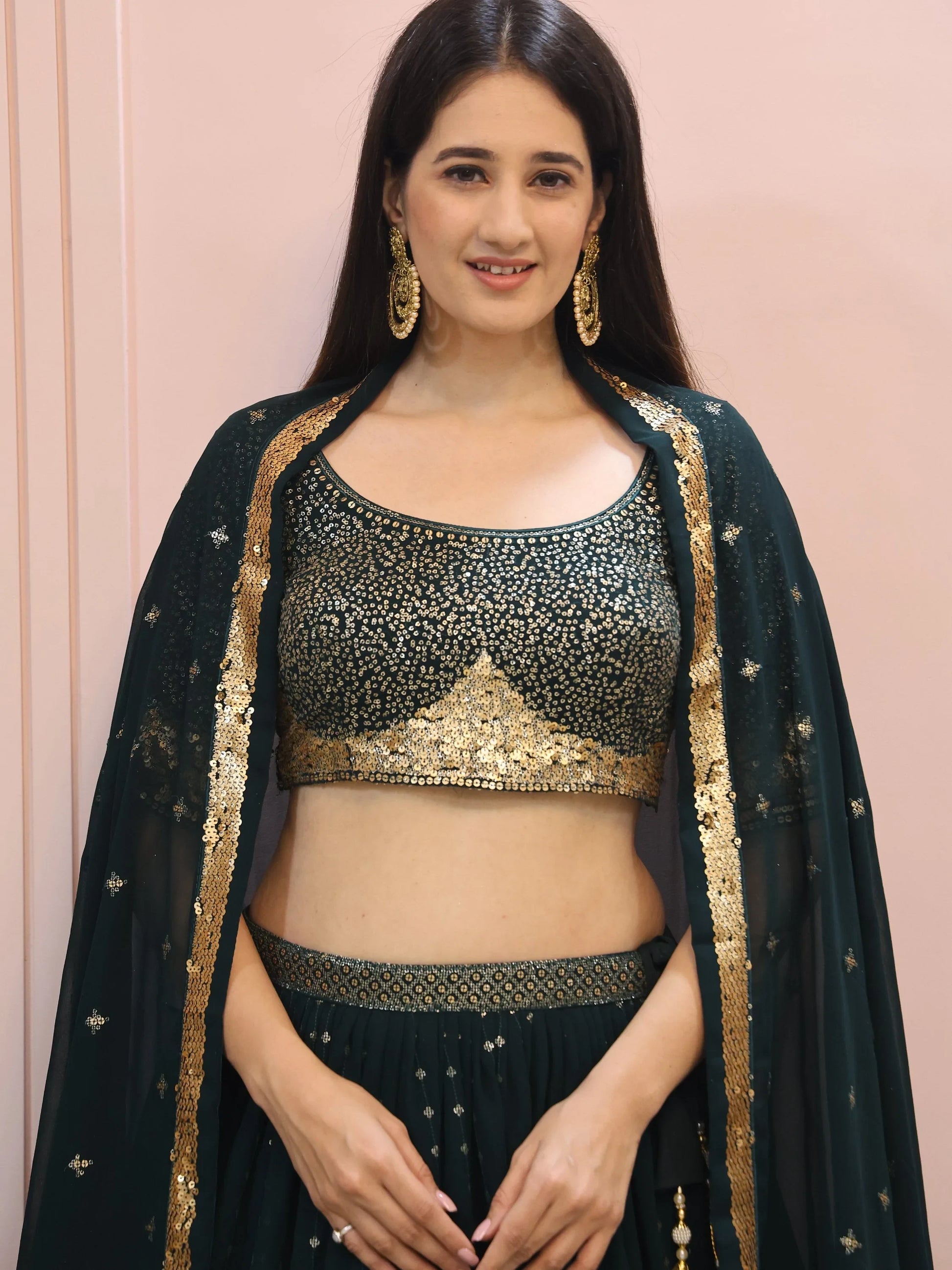 Glamorous Dark Green Sequins Georgette Party Wear Lehenga Choli With Dupatta - Zeel Clothing