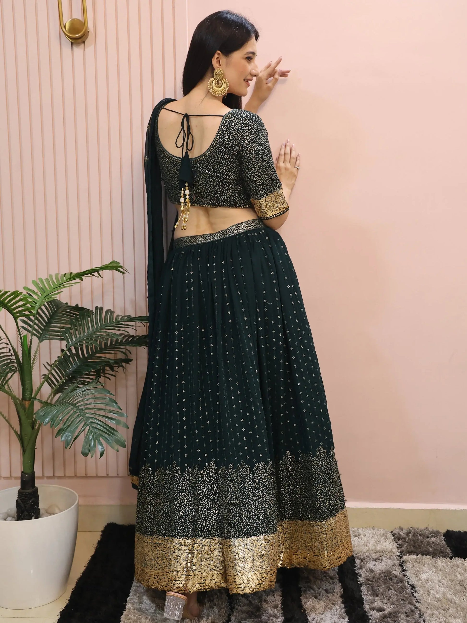 Glamorous Dark Green Sequins Georgette Party Wear Lehenga Choli With Dupatta - Zeel Clothing