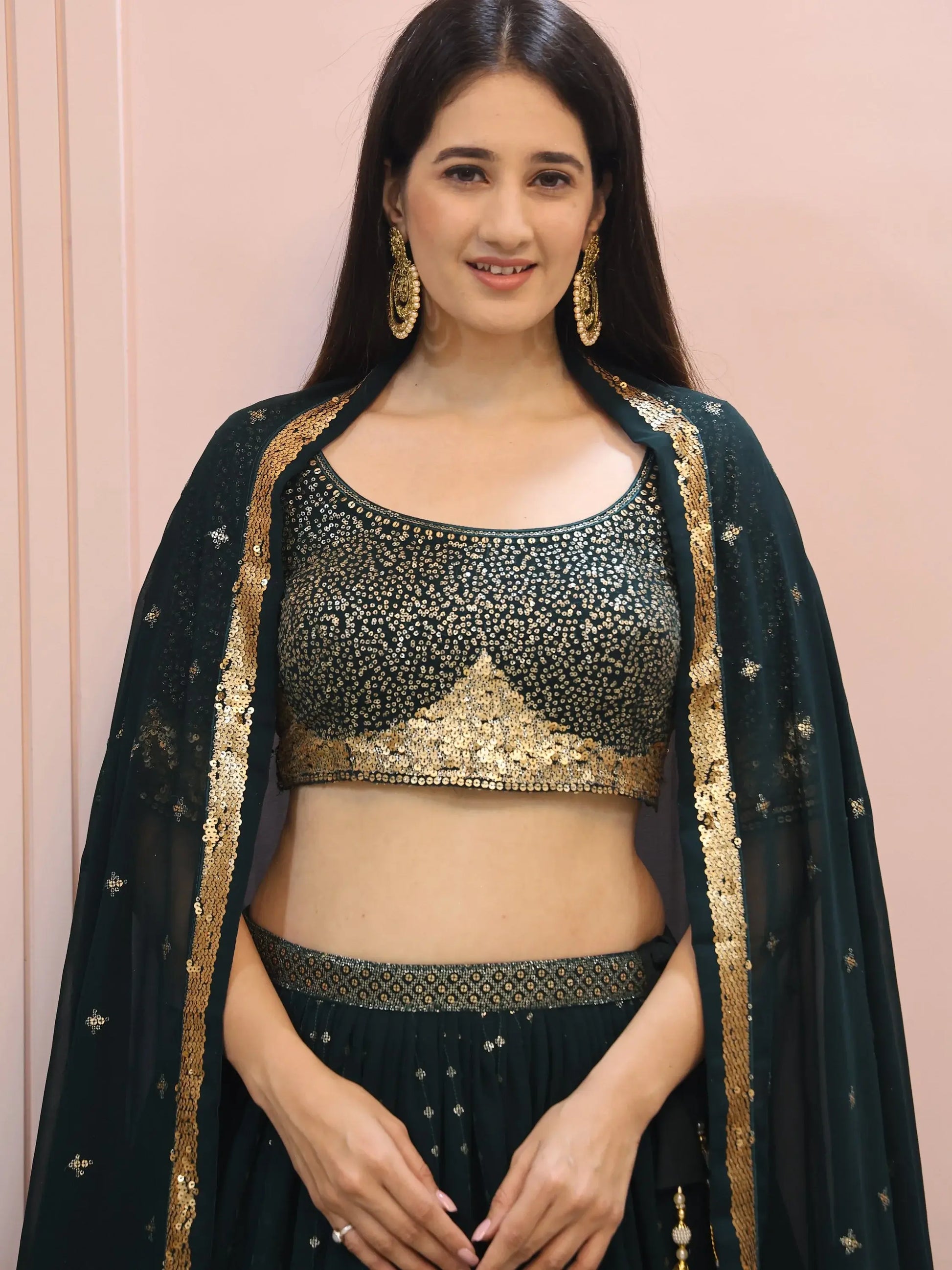 Glamorous Dark Green Sequins Georgette Party Wear Lehenga Choli With Dupatta - Zeel Clothing