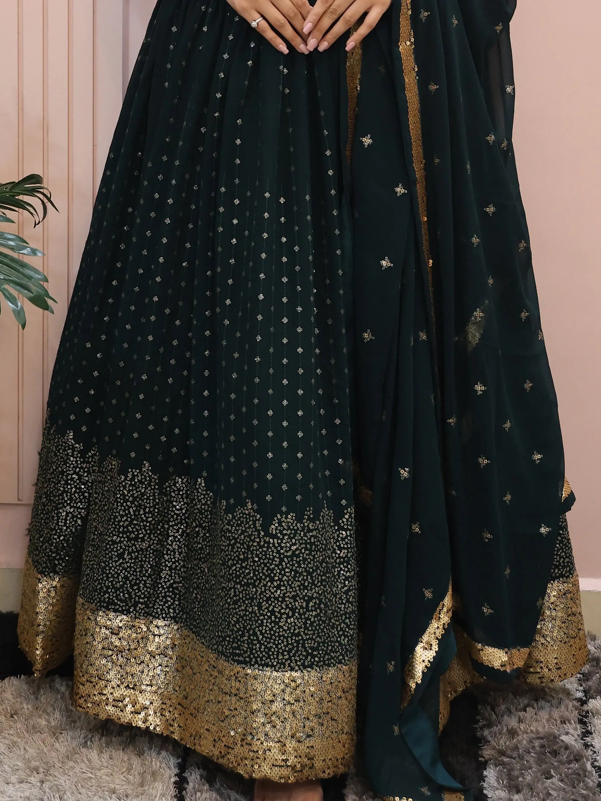 Glamorous Dark Green Sequins Georgette Party Wear Lehenga Choli With Dupatta - Zeel Clothing