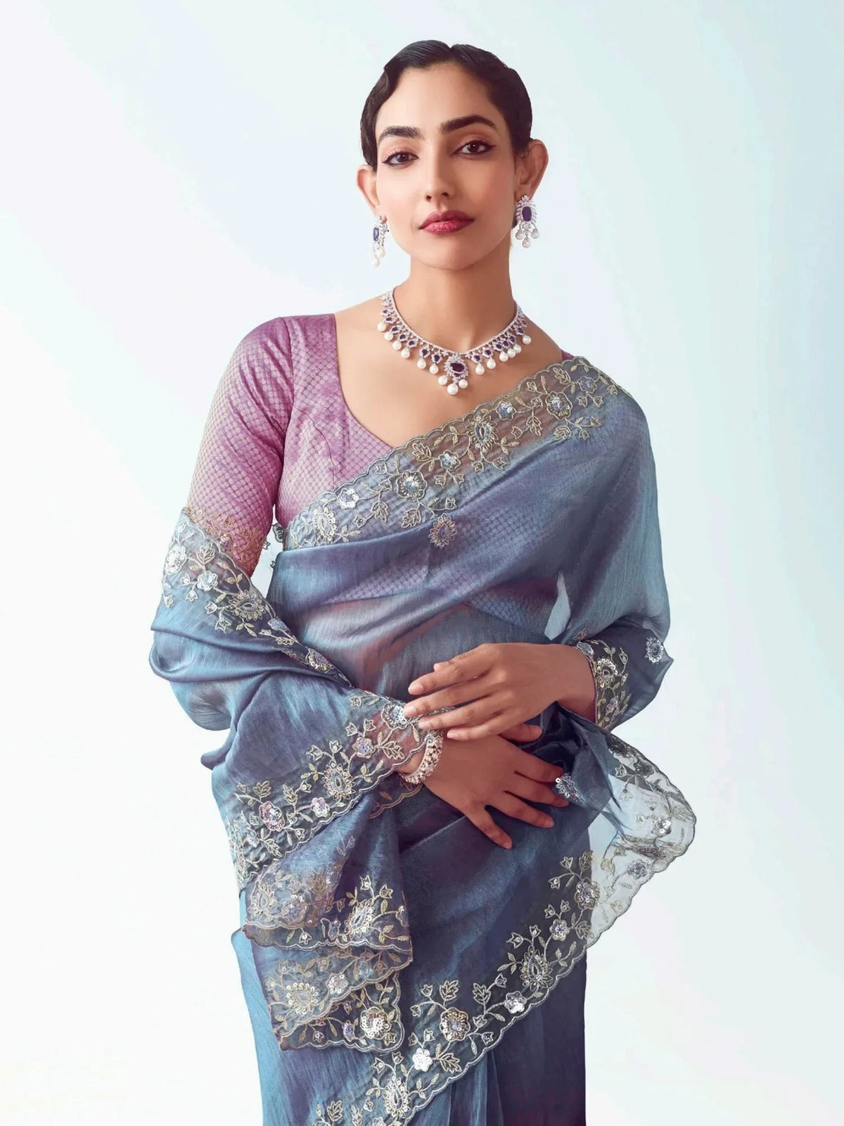 Glamorous Dove Blue Sequins Work Organza Party Wear Saree With Blouse - Zeel Clothing