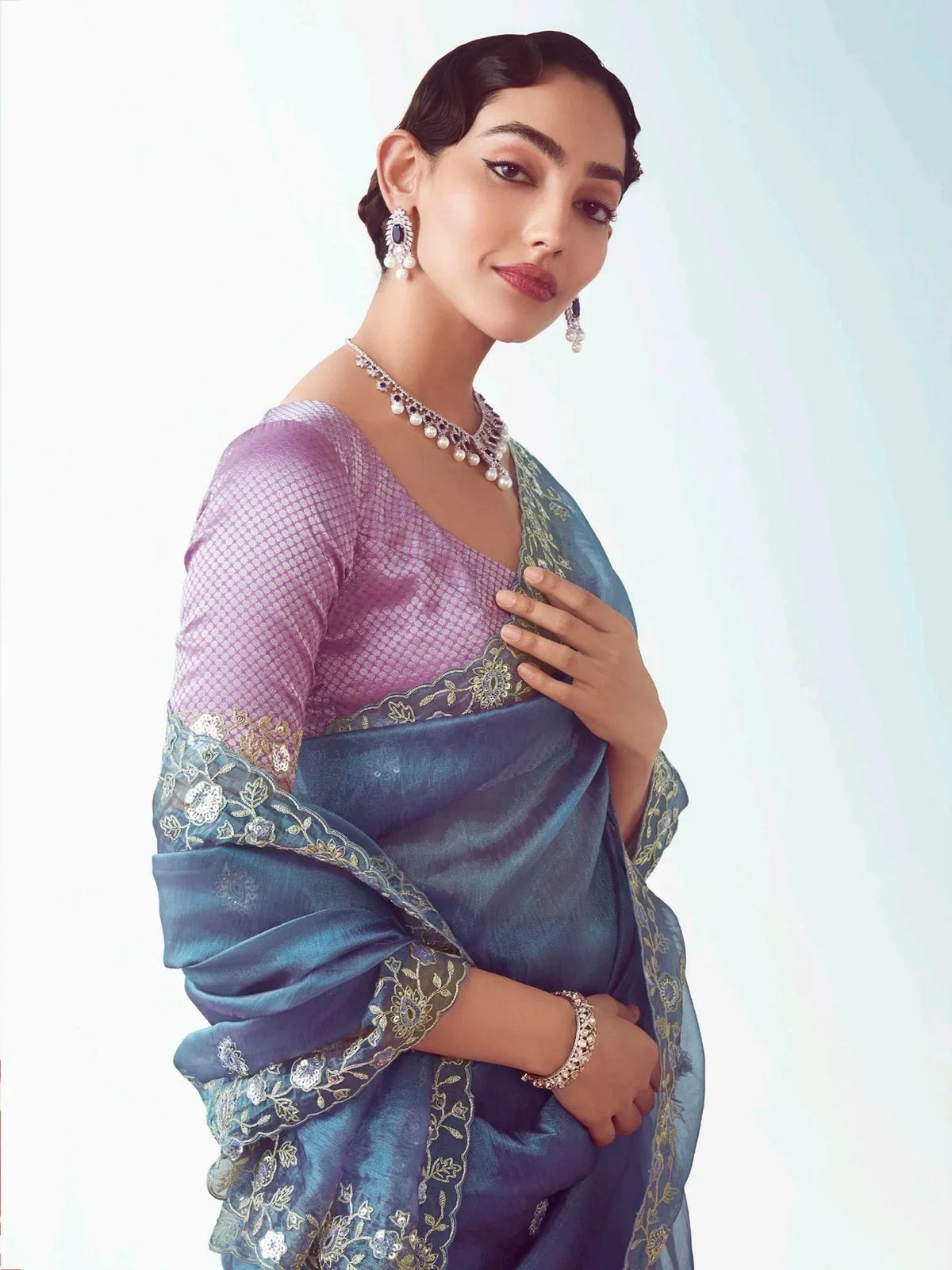 Glamorous Dove Blue Sequins Work Organza Party Wear Saree With Blouse - Zeel Clothing