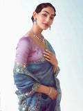 Glamorous Dove Blue Sequins Work Organza Party Wear Saree With Blouse - Zeel Clothing