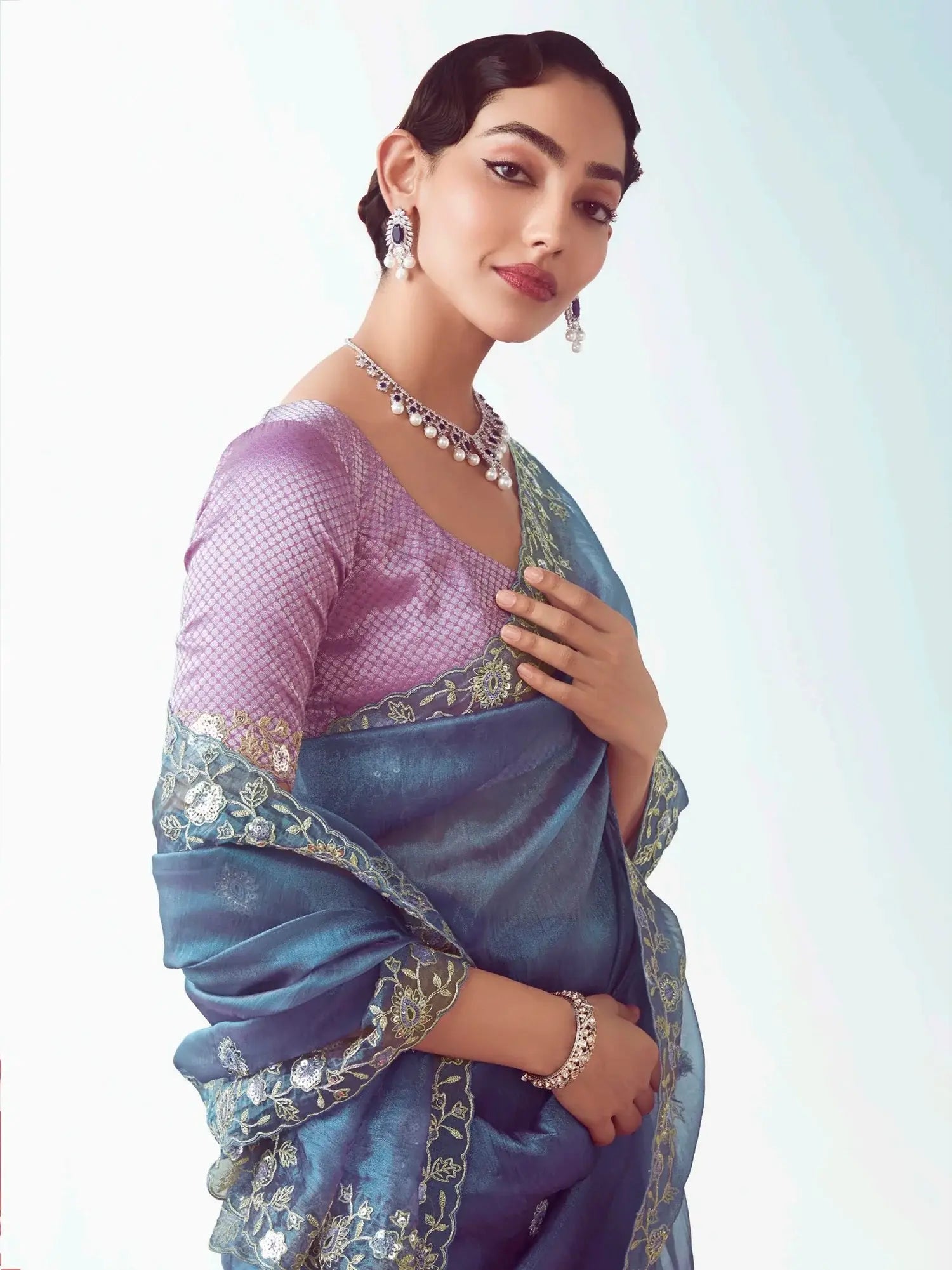 Glamorous Dove Blue Sequins Work Organza Party Wear Saree With Blouse - Zeel Clothing