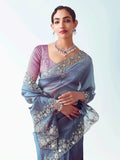 Glamorous Dove Blue Sequins Work Organza Party Wear Saree With Blouse - Zeel Clothing