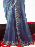 Glamorous Dove Blue Sequins Work Organza Party Wear Saree With Blouse - Zeel Clothing