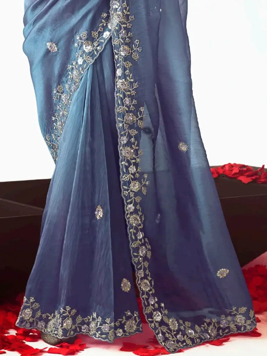 Glamorous Dove Blue Sequins Work Organza Party Wear Saree With Blouse - Zeel Clothing