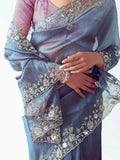 Glamorous Dove Blue Sequins Work Organza Party Wear Saree With Blouse - Zeel Clothing