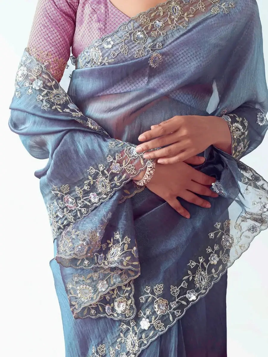 Glamorous Dove Blue Sequins Work Organza Party Wear Saree With Blouse - Zeel Clothing