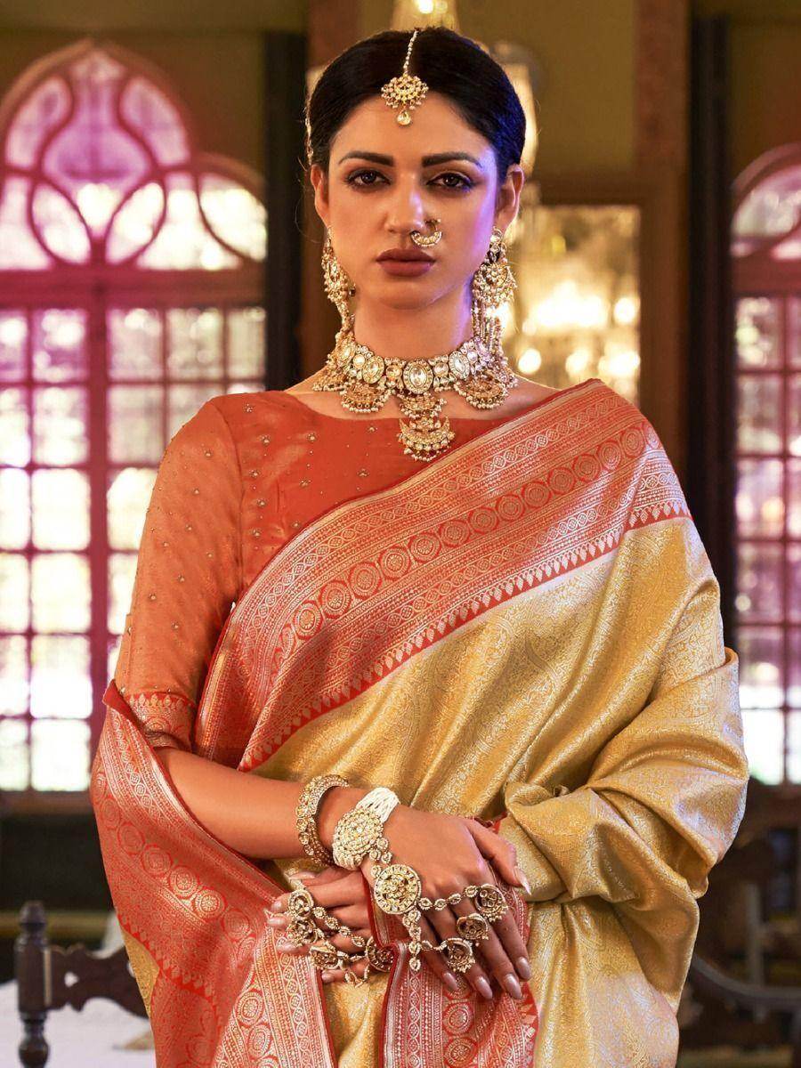 Glamorous Golden Zari Woven Kanjivaram Silk Traditional Saree - Zeel Clothing