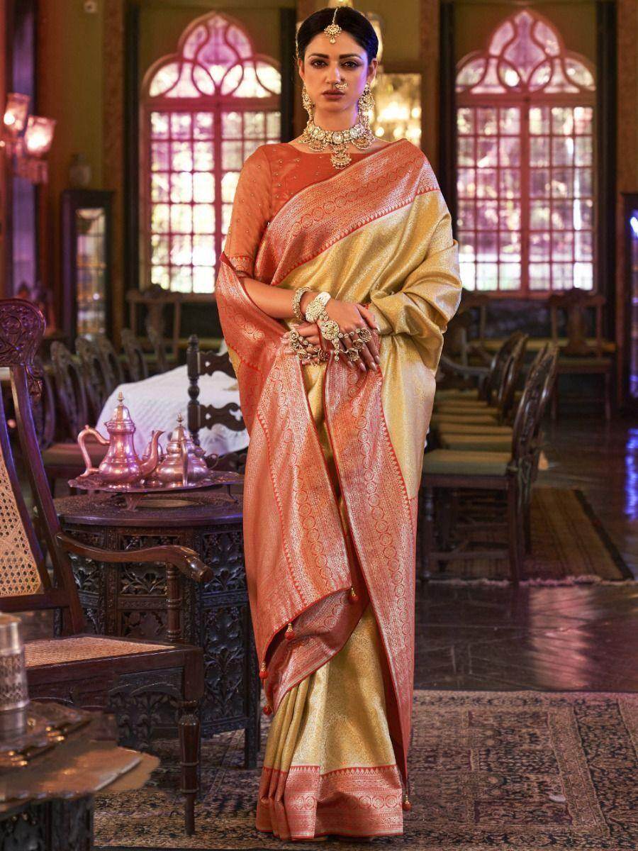 Glamorous Golden Zari Woven Kanjivaram Silk Traditional Saree - Zeel Clothing