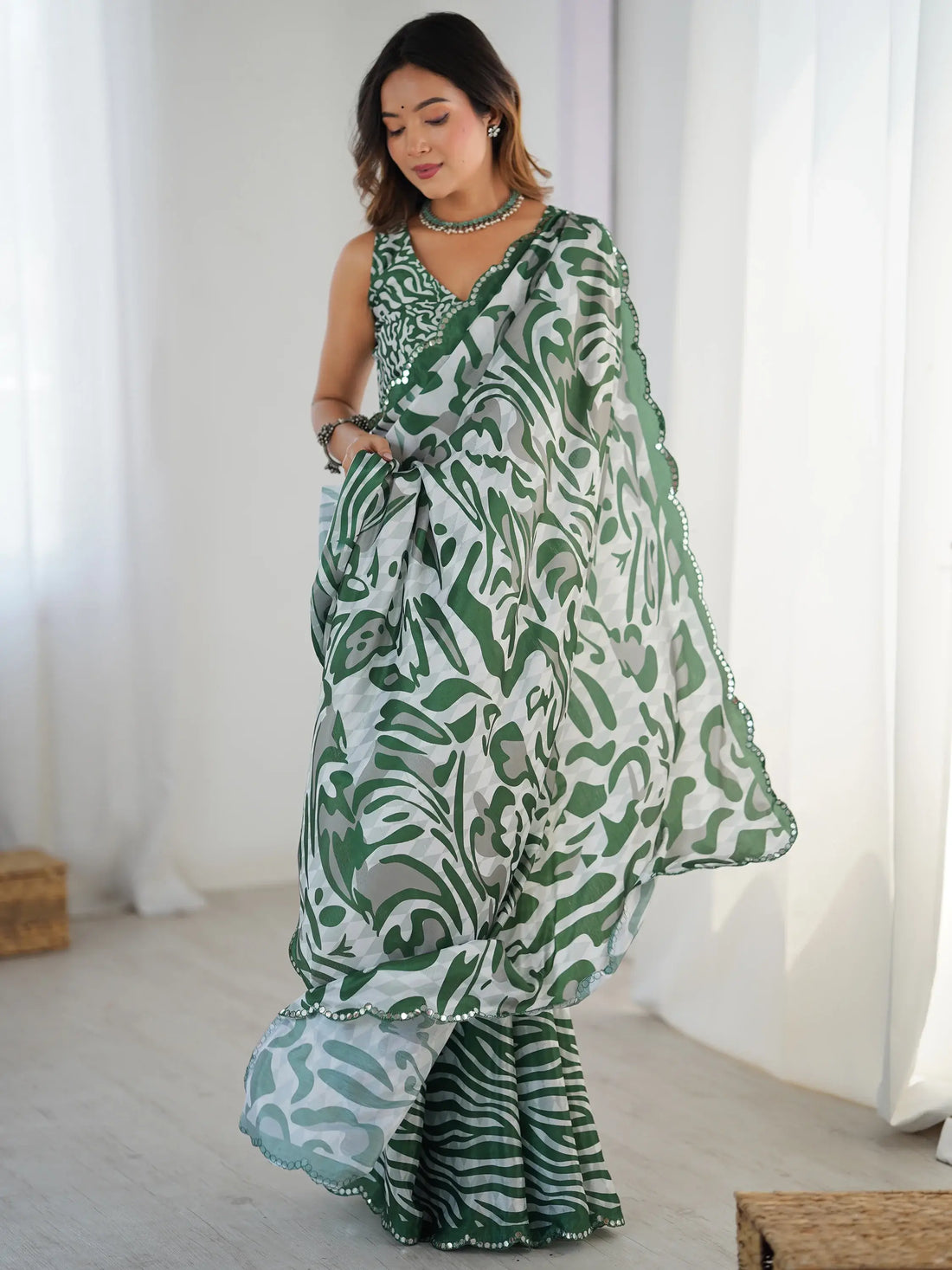 Glamorous Green Digital Printed Chinon Event Wear Saree With Blouse - Zeel Clothing
