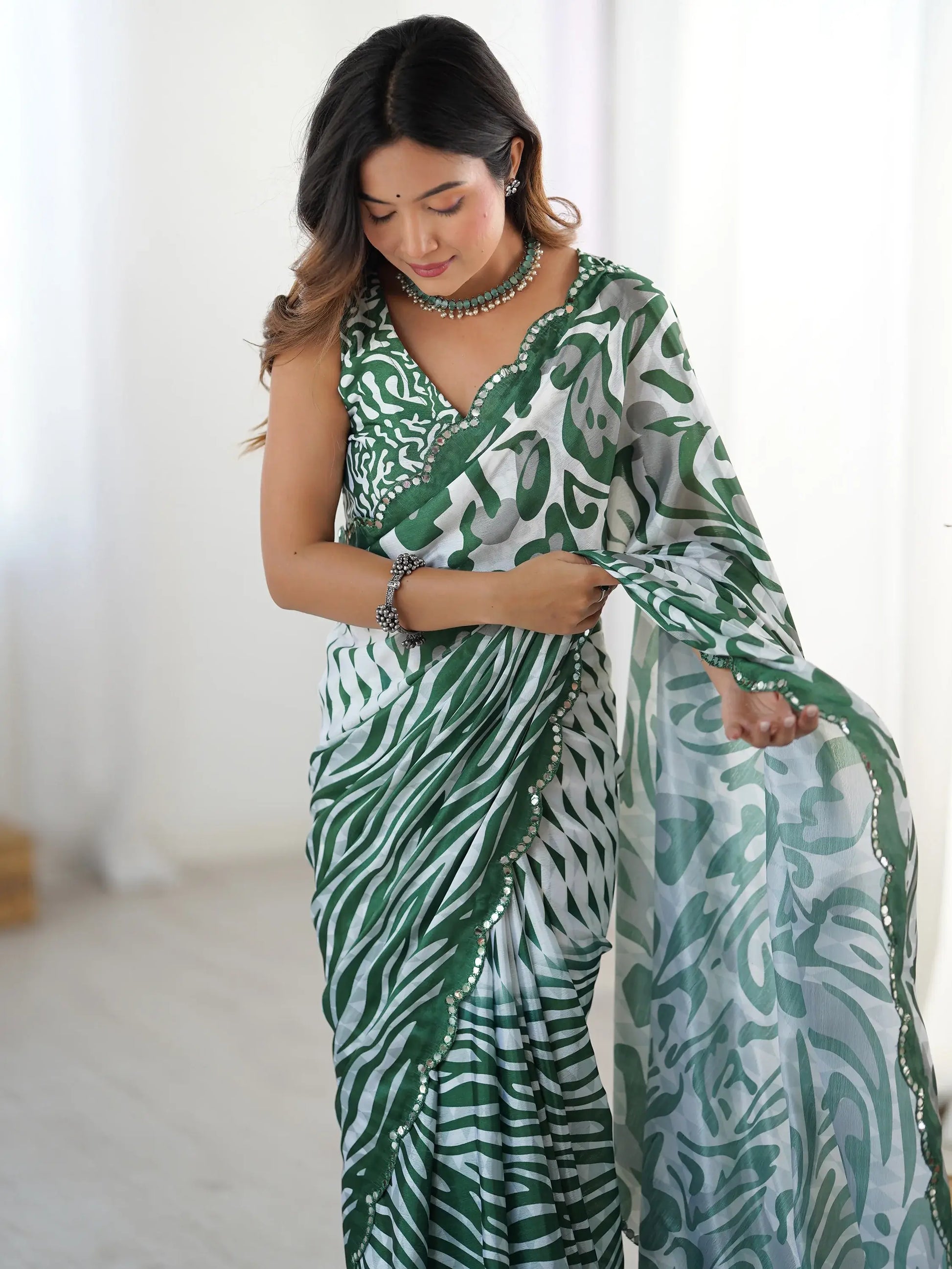 Glamorous Green Digital Printed Chinon Event Wear Saree With Blouse - Zeel Clothing