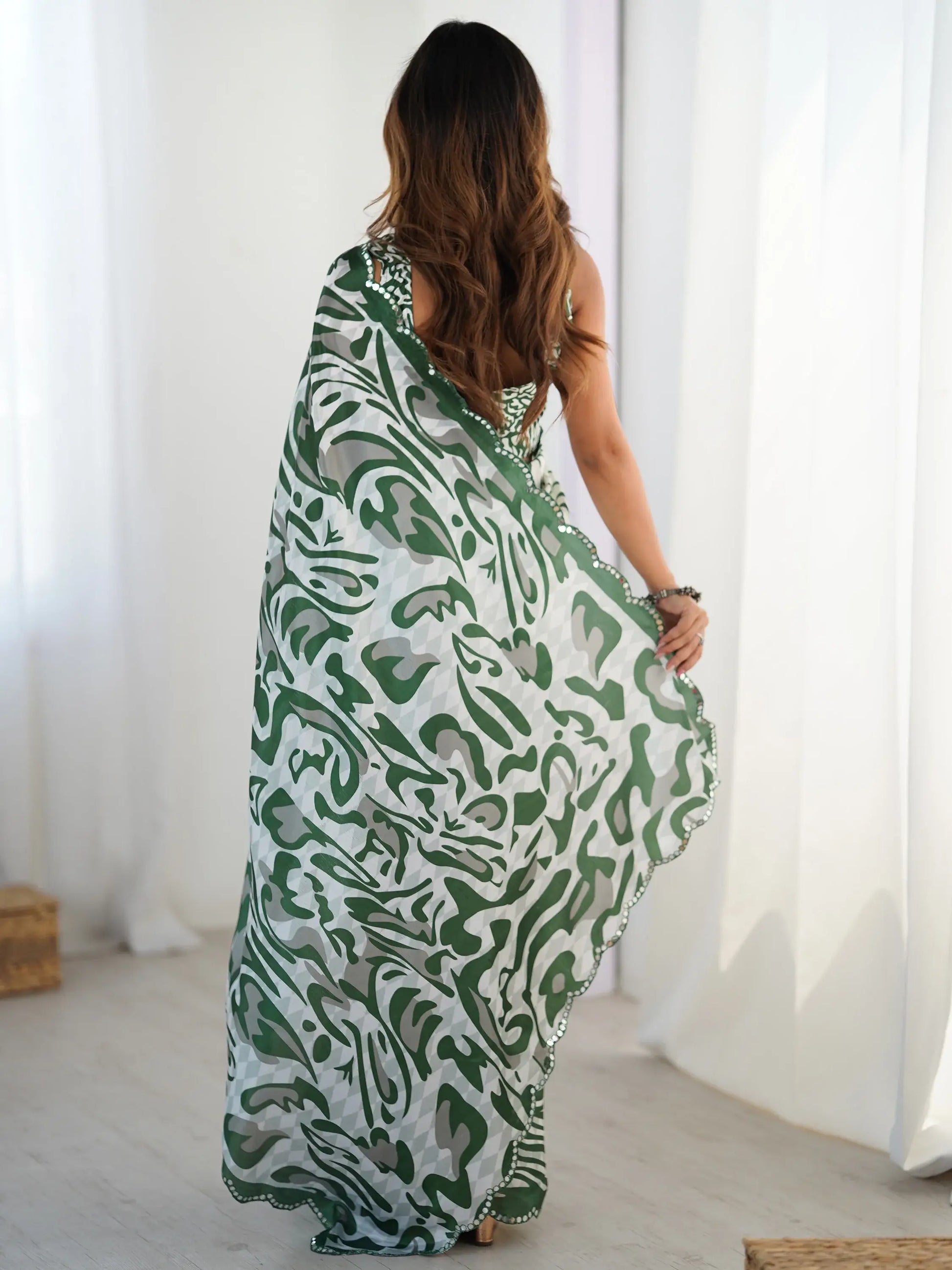 Glamorous Green Digital Printed Chinon Event Wear Saree With Blouse - Zeel Clothing