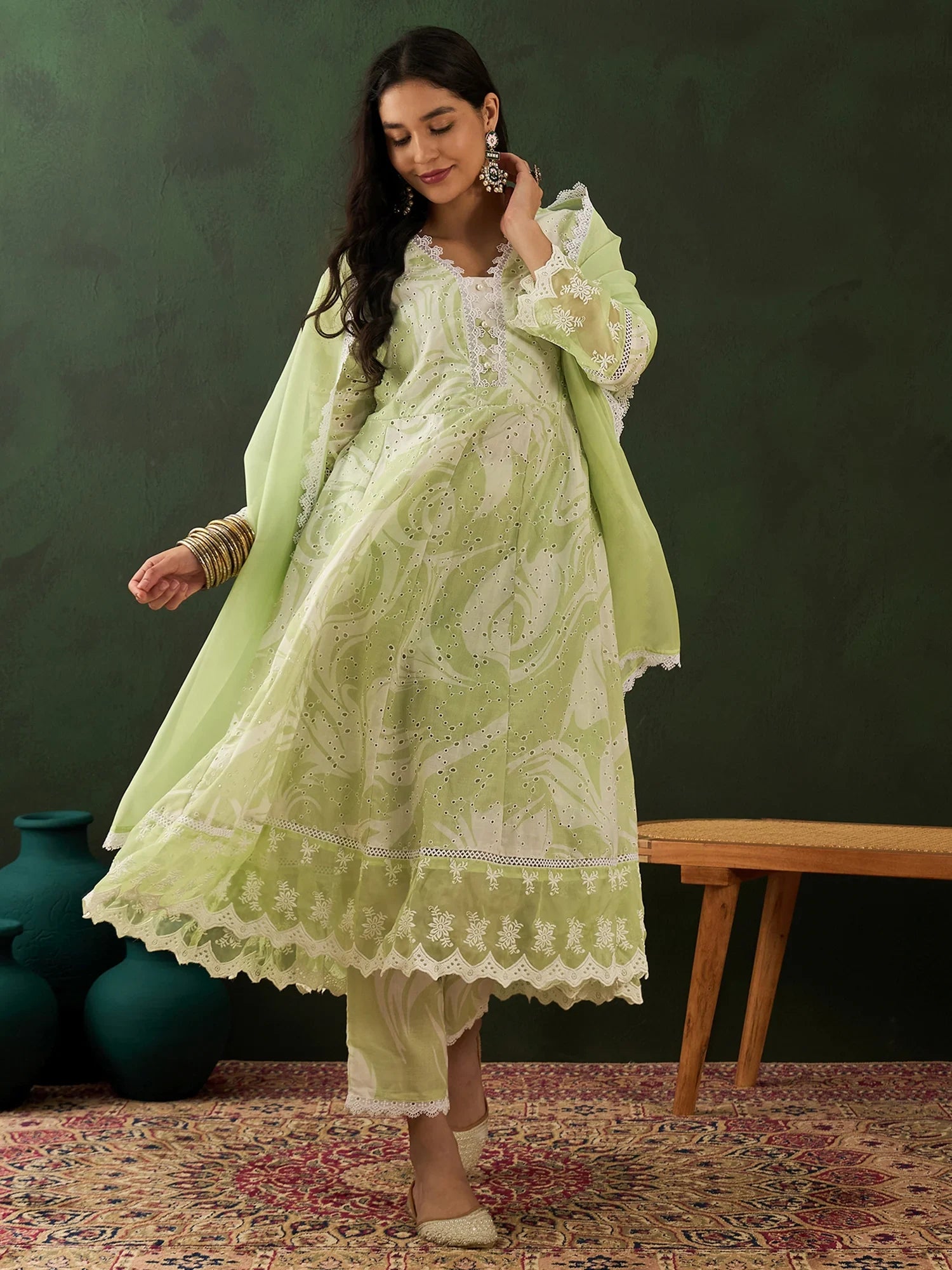 Glamorous Green Embroidered Cotton Readymade Anarkali Suit Pant - Zeel Clothing