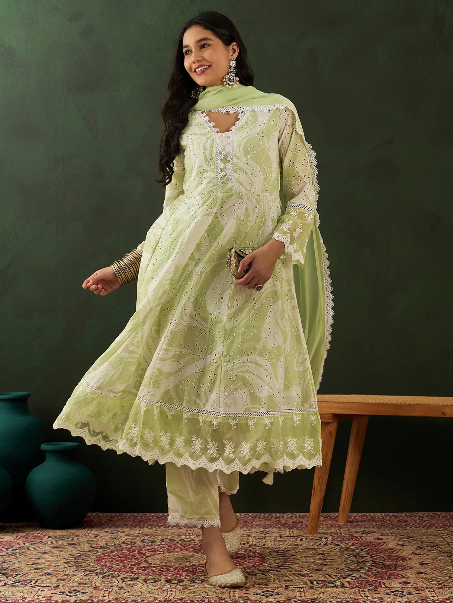 Glamorous Green Embroidered Cotton Readymade Anarkali Suit Pant - Zeel Clothing