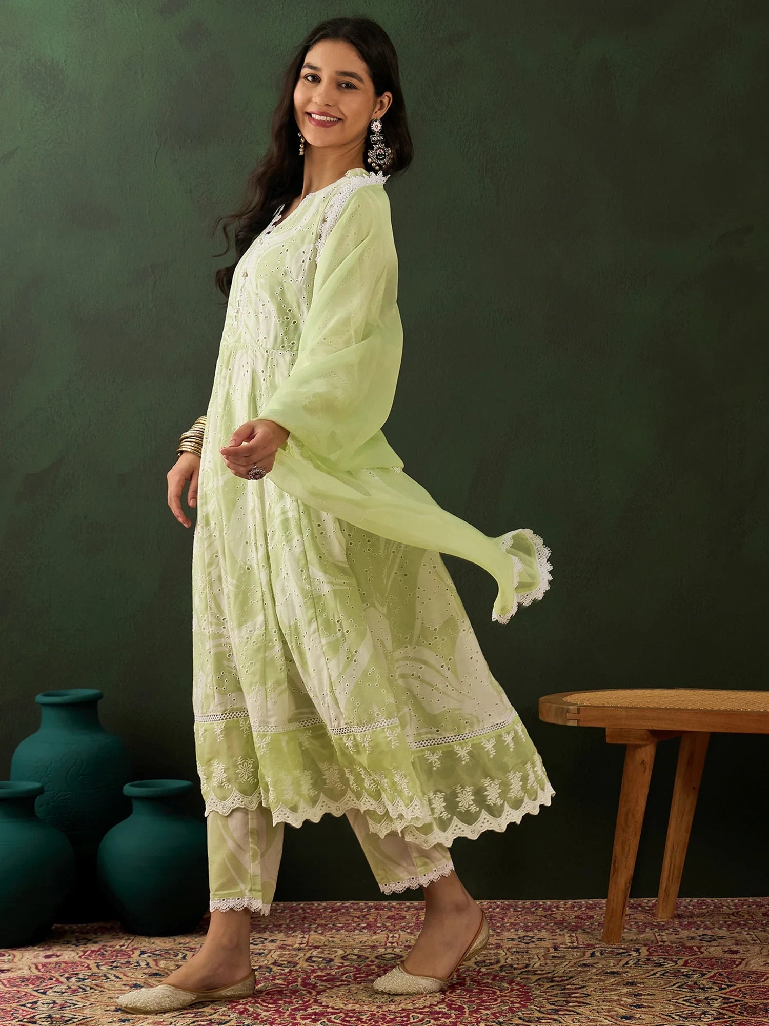 Glamorous Green Embroidered Cotton Readymade Anarkali Suit Pant - Zeel Clothing