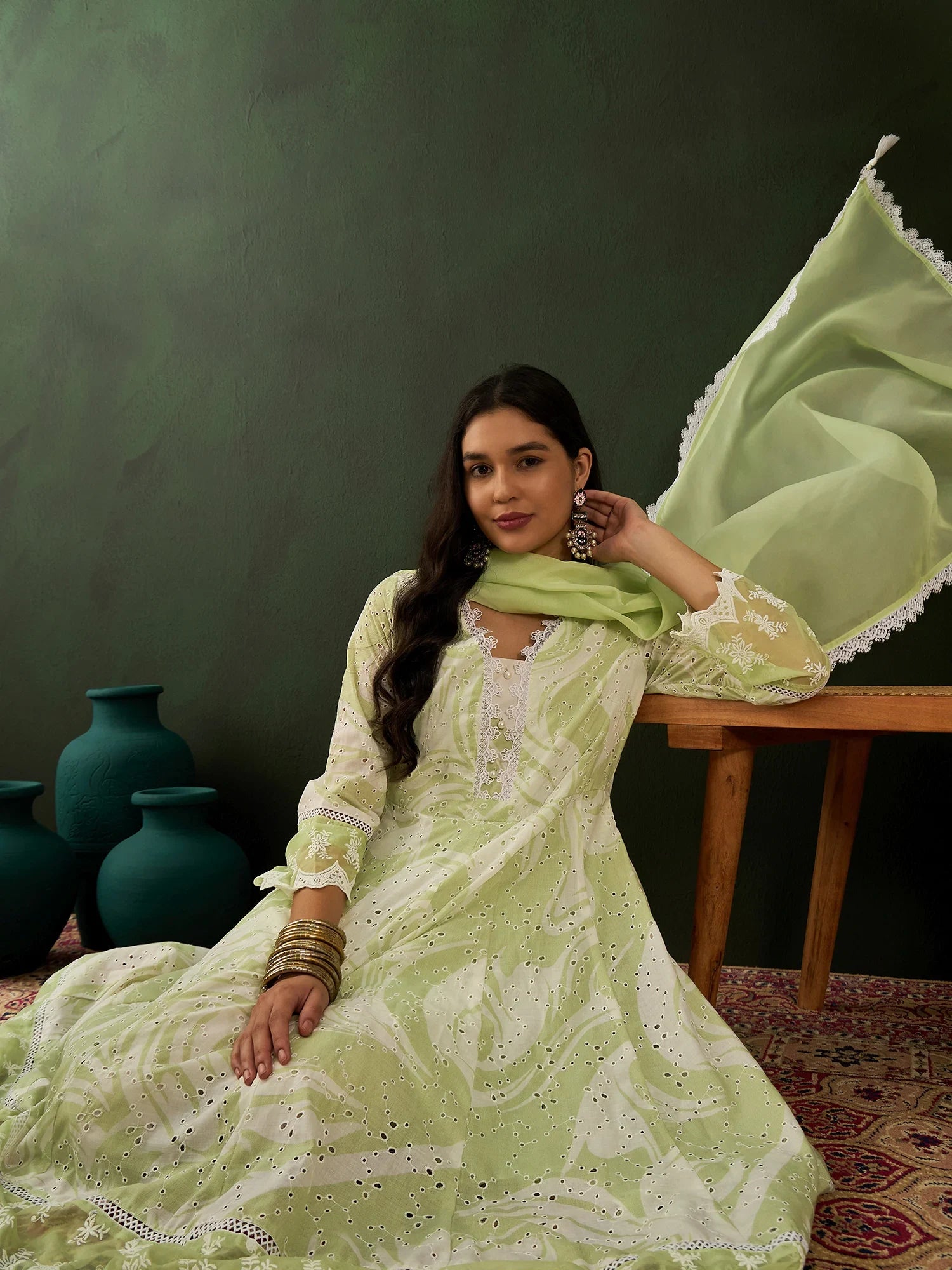 Glamorous Green Embroidered Cotton Readymade Anarkali Suit Pant - Zeel Clothing
