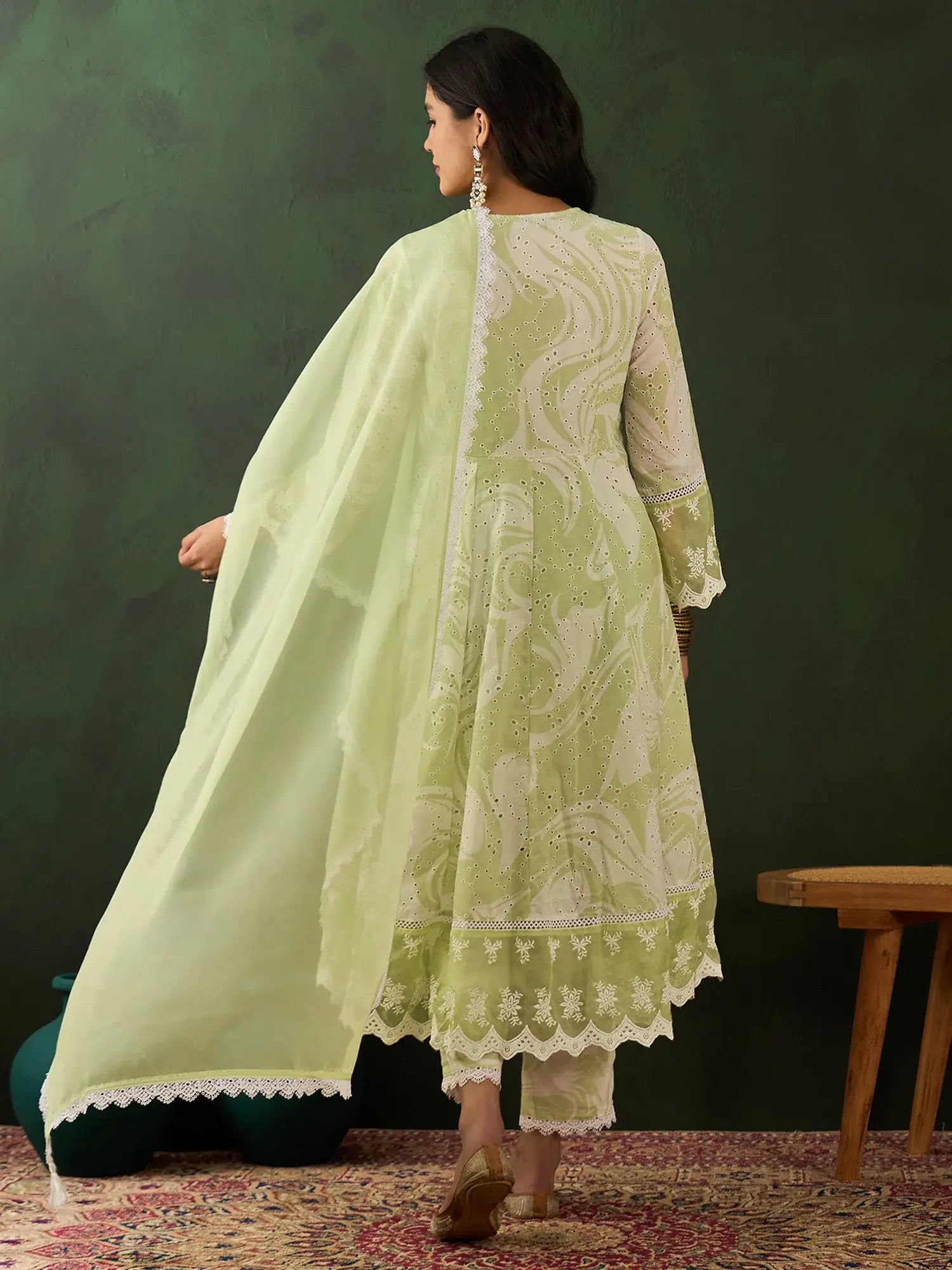 Glamorous Green Embroidered Cotton Readymade Anarkali Suit Pant - Zeel Clothing