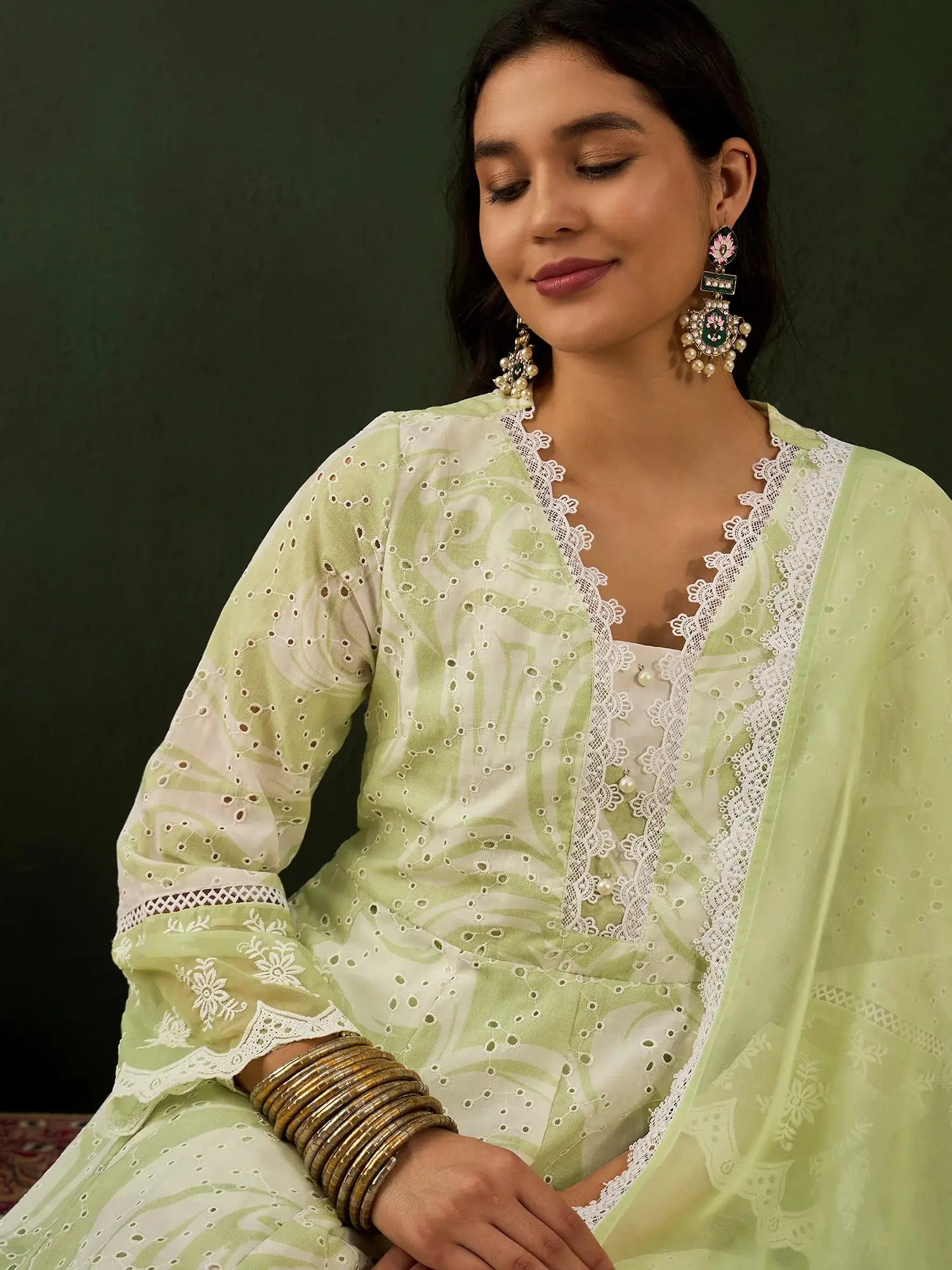 Glamorous Green Embroidered Cotton Readymade Anarkali Suit Pant - Zeel Clothing