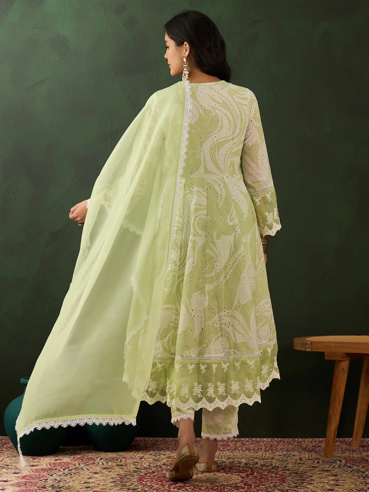 Glamorous Green Embroidered Cotton Readymade Anarkali Suit Pant - Zeel Clothing