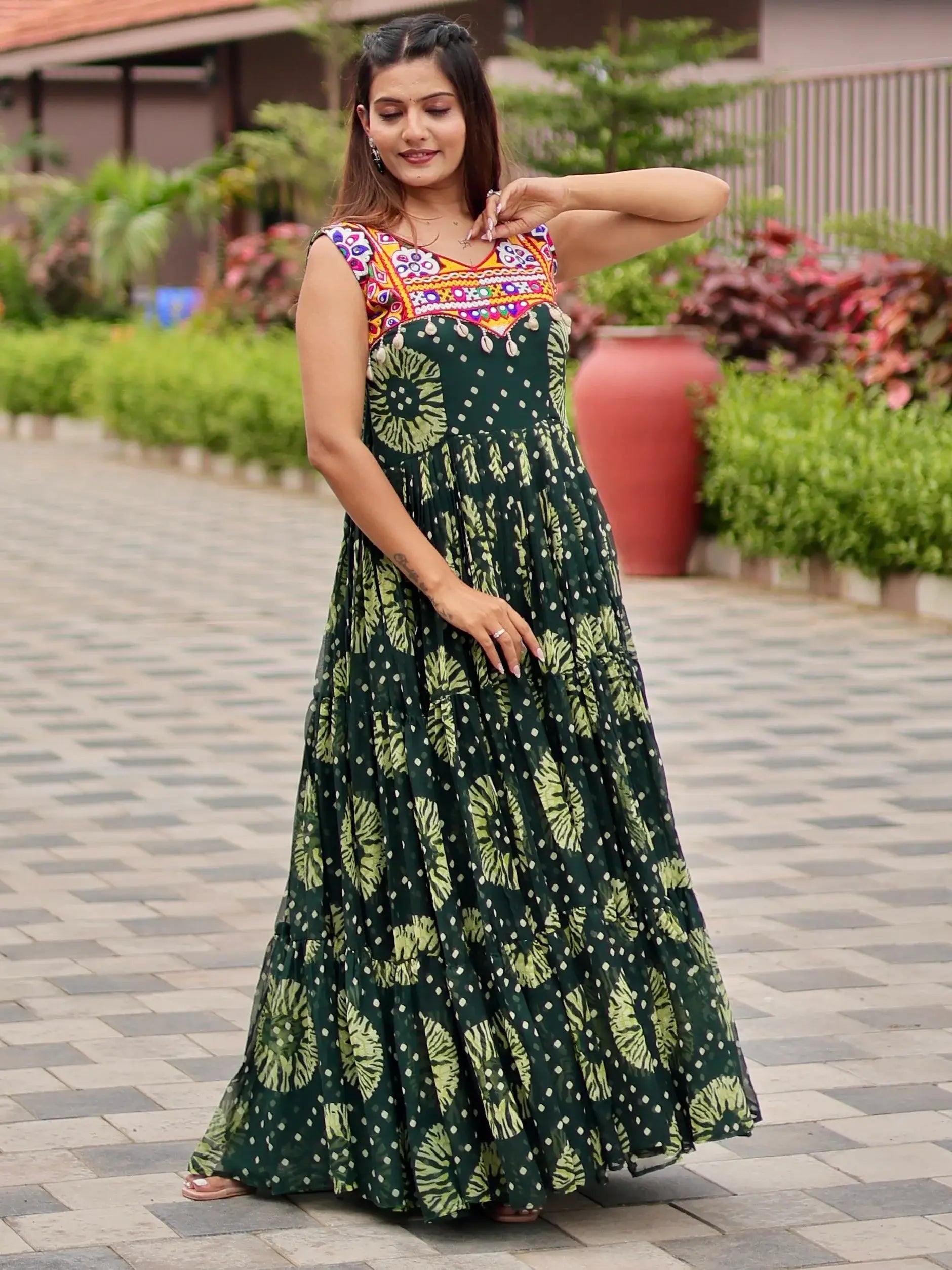 Glamorous Green Gamthi Work Georgette Navratri Special Gown - Zeel Clothing