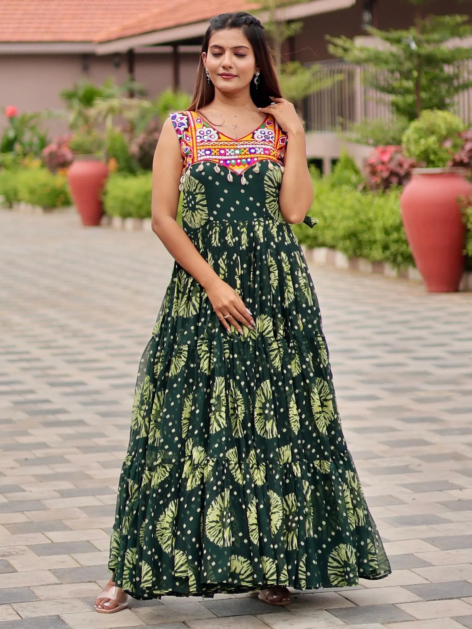Glamorous Green Gamthi Work Georgette Navratri Special Gown - Zeel Clothing