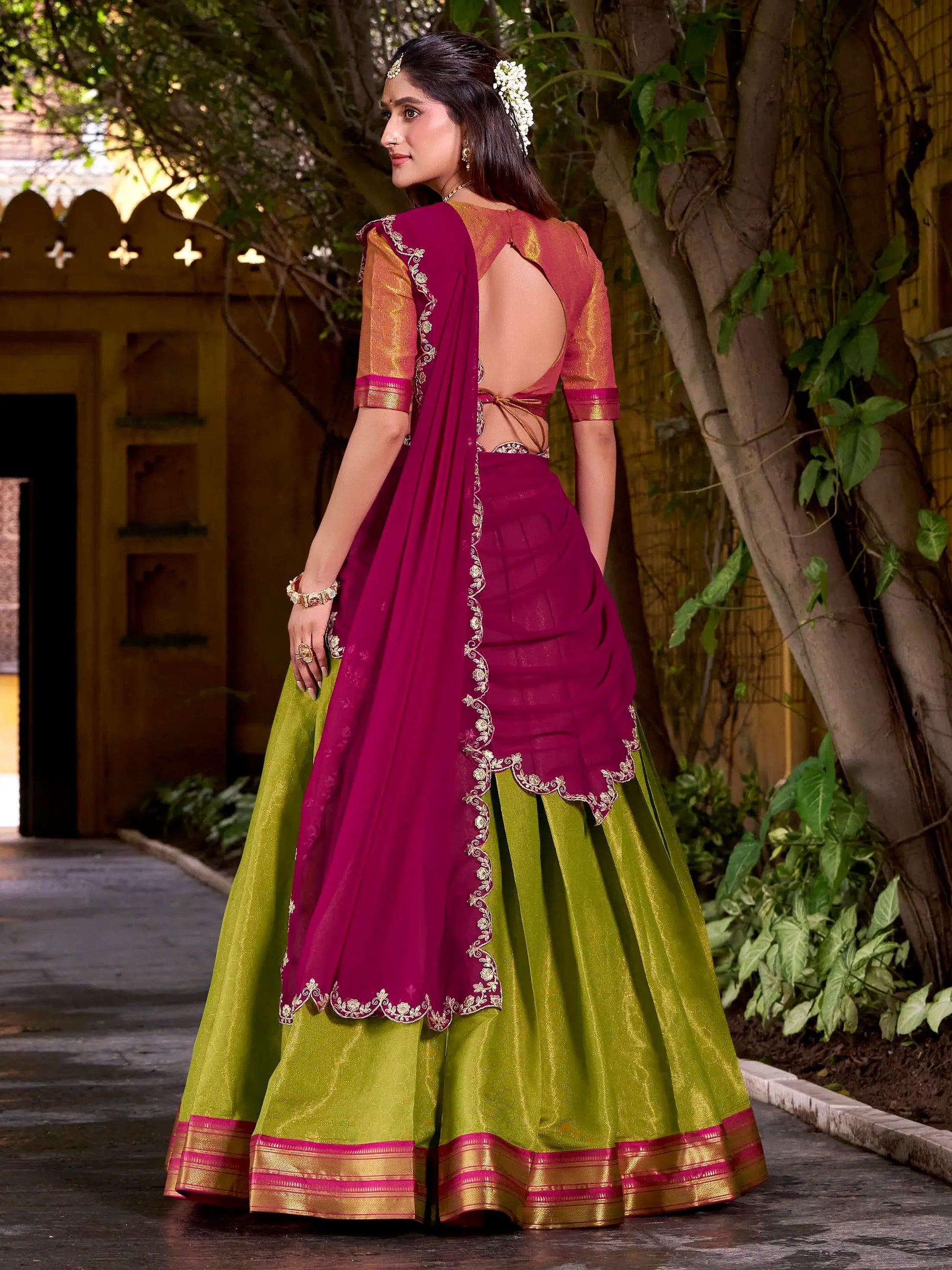 Glamorous Green Zari Weaving Kanchipuram Silk Onam Special Half Saree Lehenga - Zeel Clothing