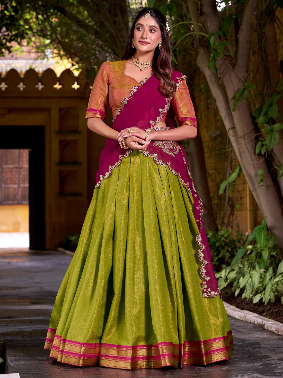 Glamorous Green Zari Weaving Kanchipuram Silk Onam Special Half Saree Lehenga - Zeel Clothing