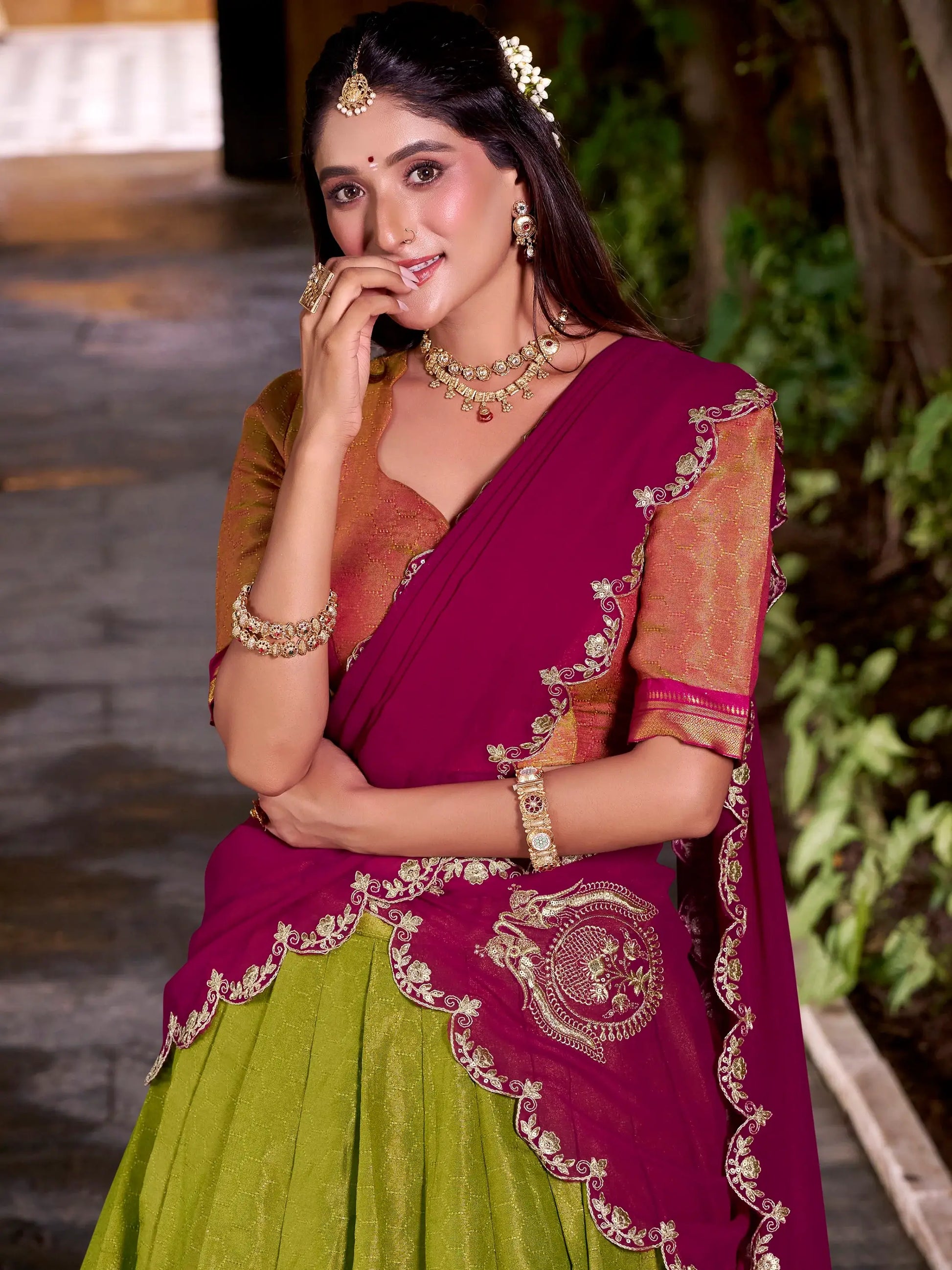 Glamorous Green Zari Weaving Kanchipuram Silk Onam Special Half Saree Lehenga - Zeel Clothing