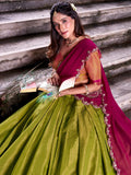 Glamorous Green Zari Weaving Kanchipuram Silk Onam Special Half Saree Lehenga - Zeel Clothing