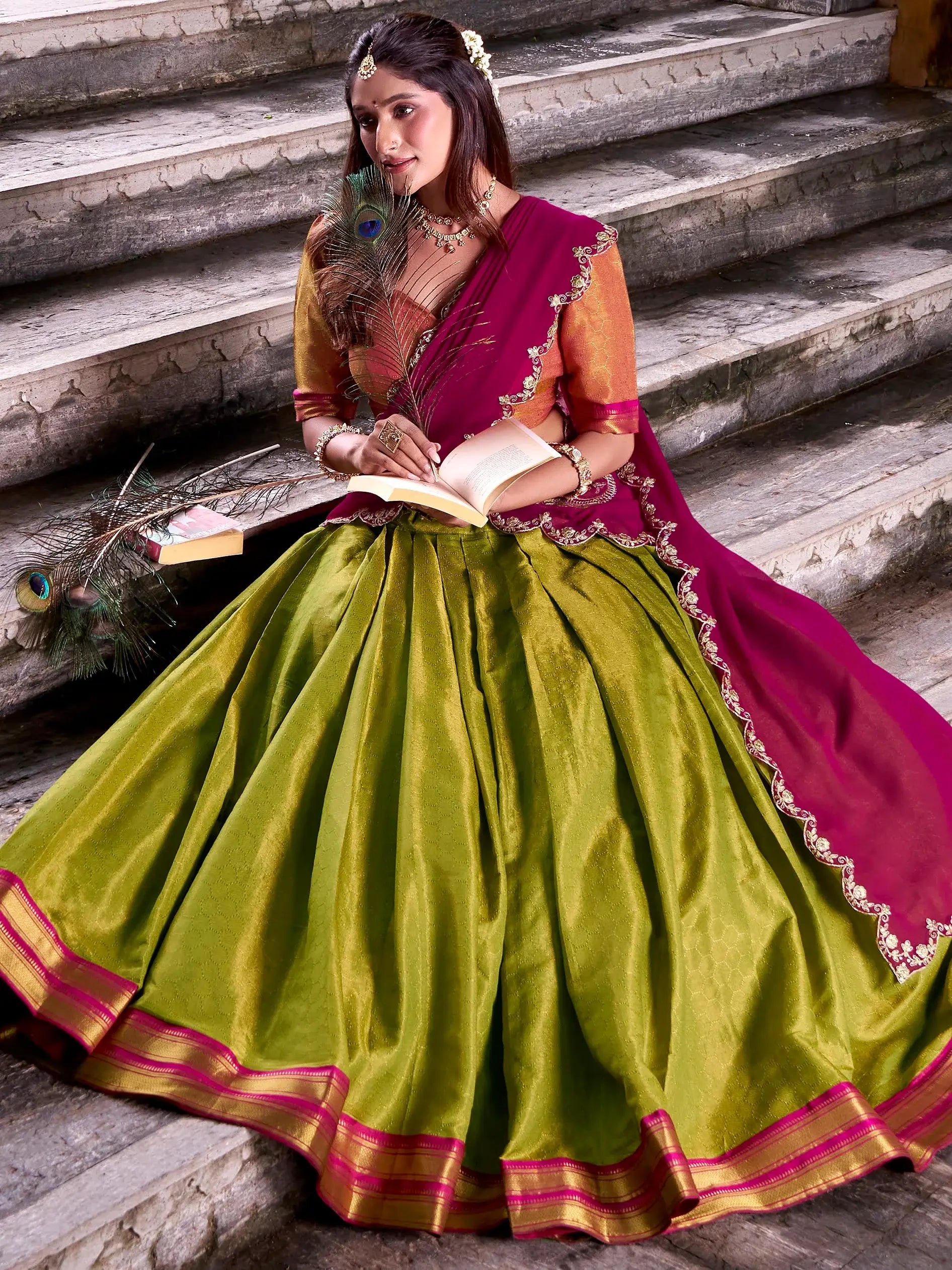 Glamorous Green Zari Weaving Kanchipuram Silk Onam Special Half Saree Lehenga - Zeel Clothing