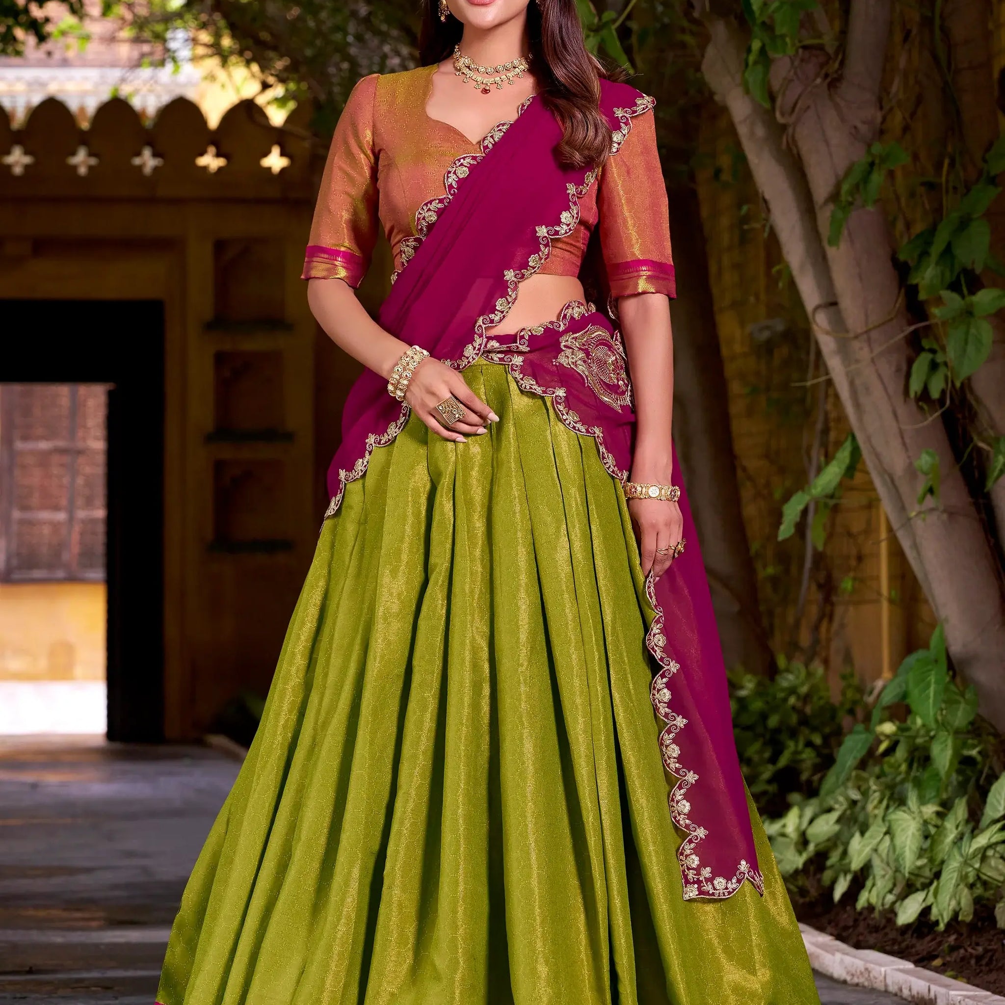 Glamorous Green Zari Weaving Kanchipuram Silk Onam Special Half Saree Lehenga - Zeel Clothing
