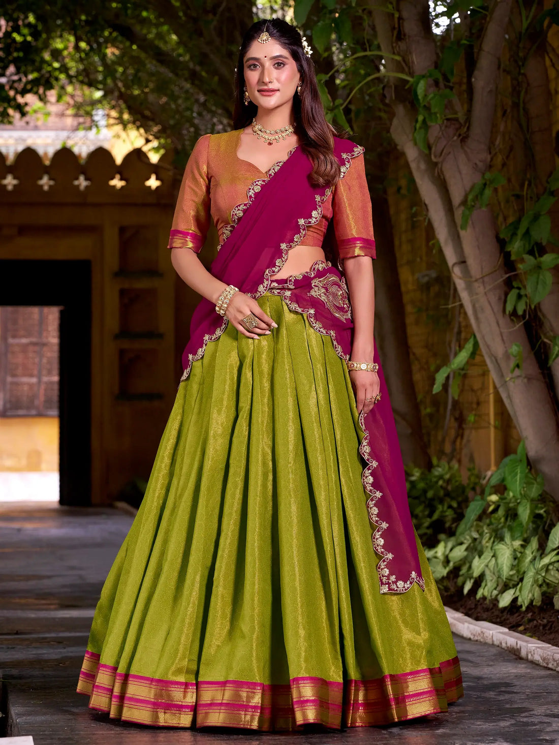 Glamorous Green Zari Weaving Kanchipuram Silk Onam Special Half Saree Lehenga - Zeel Clothing