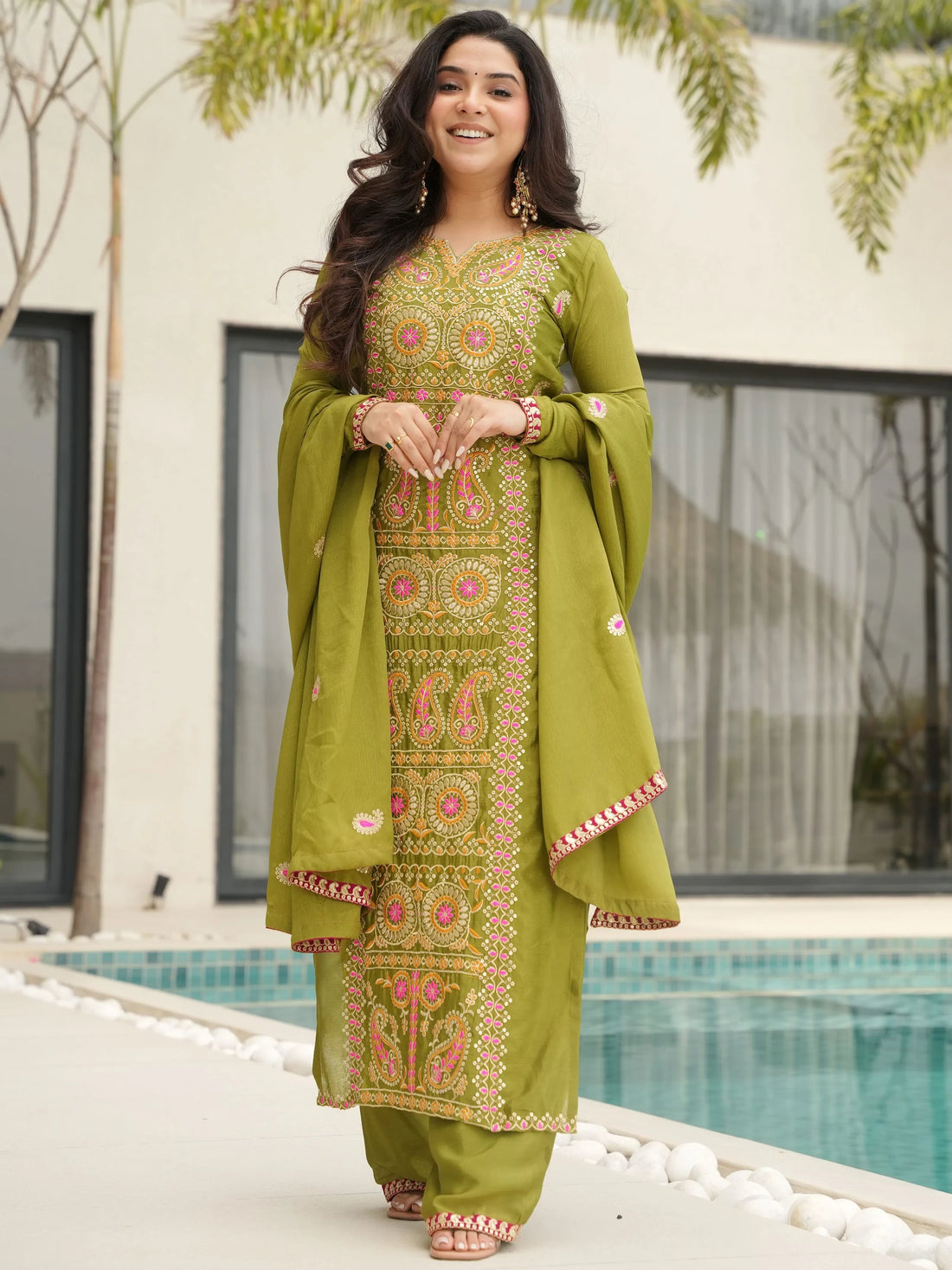 Glamorous Green Zari Work Chinon Festive Wear Salwar With Dupatta