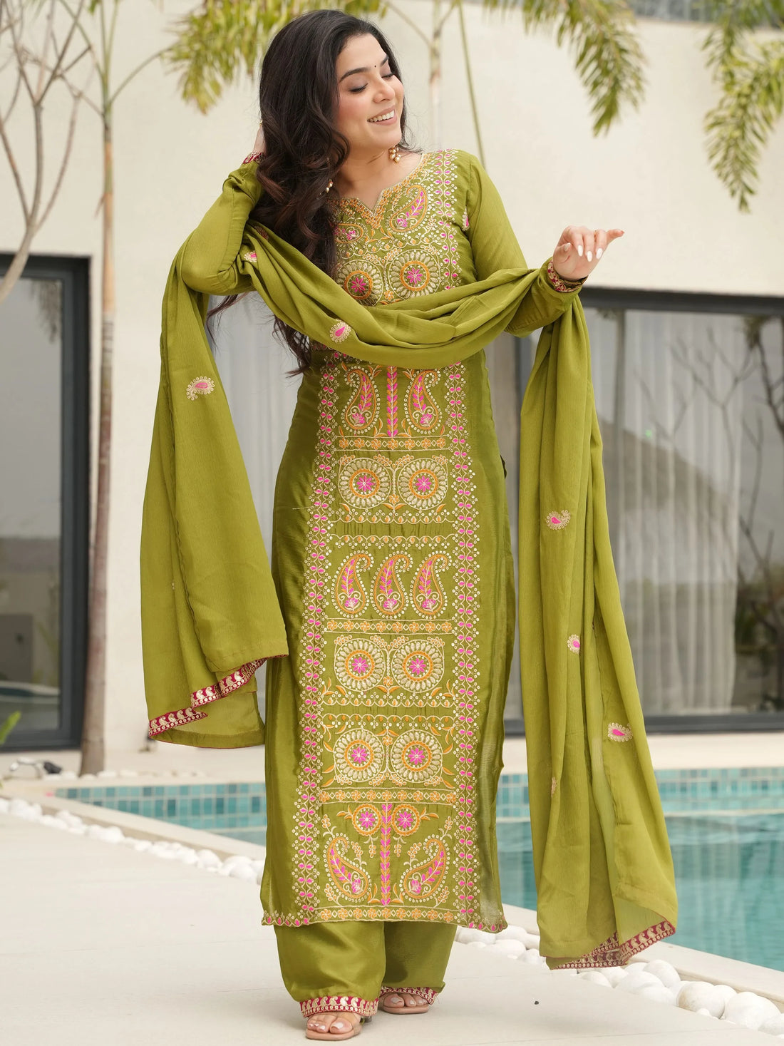 Glamorous Green Zari Work Chinon Festive Wear Salwar With Dupatta