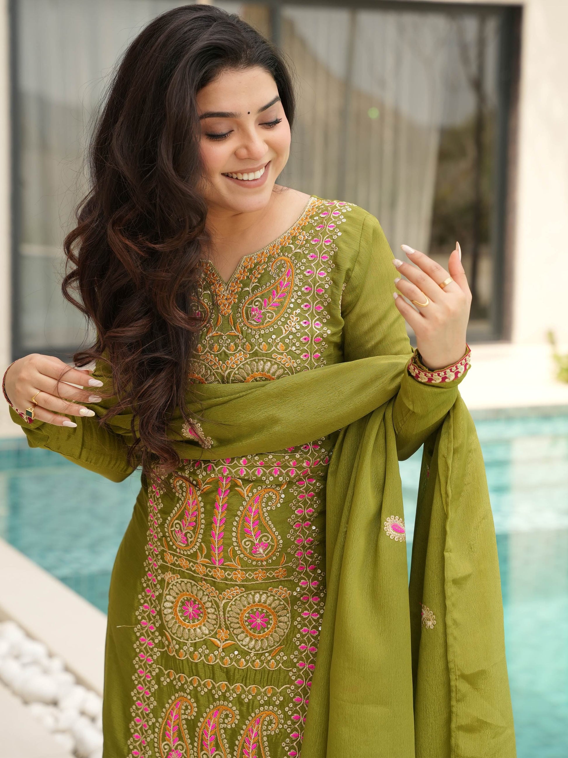 Glamorous Green Zari Work Chinon Festive Wear Salwar With Dupatta