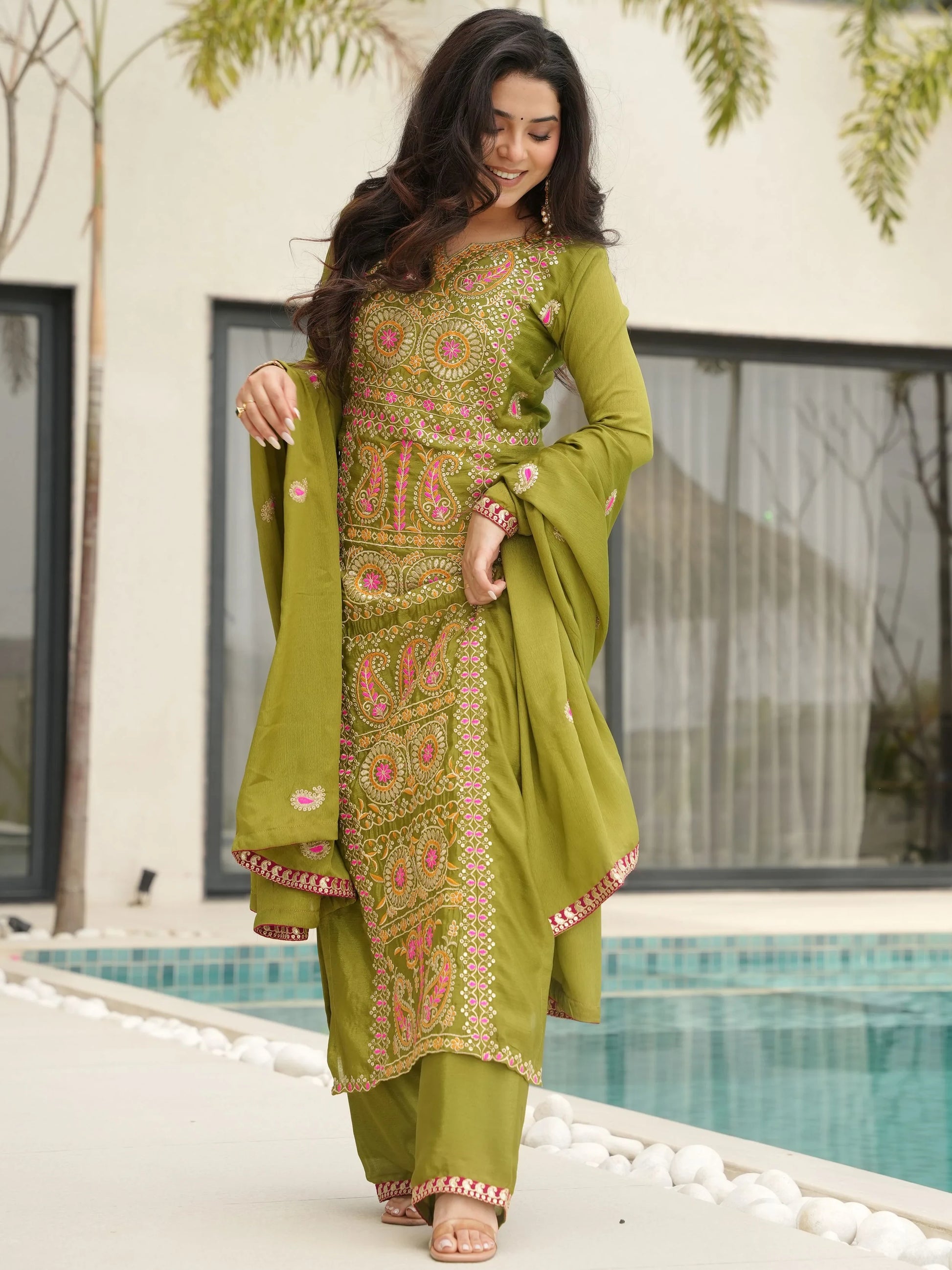Glamorous Green Zari Work Chinon Festive Wear Salwar With Dupatta
