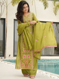 Glamorous Green Zari Work Chinon Festive Wear Salwar With Dupatta