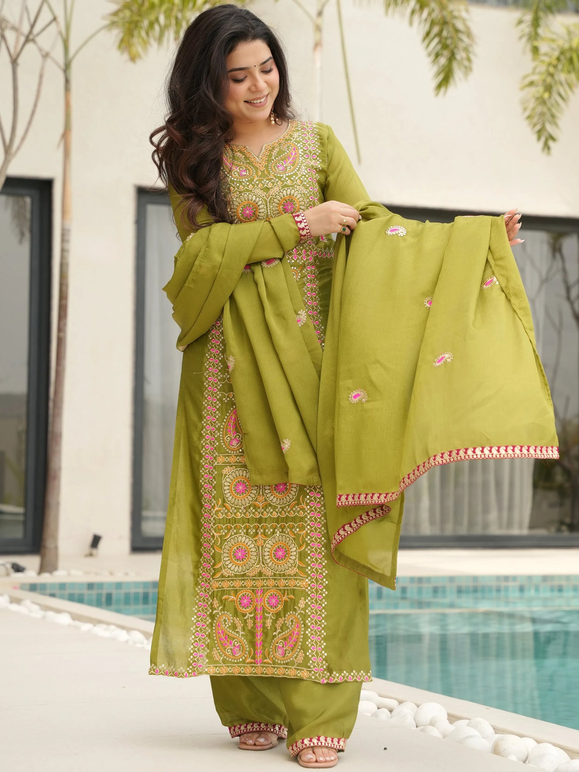 Glamorous Green Zari Work Chinon Festive Wear Salwar With Dupatta