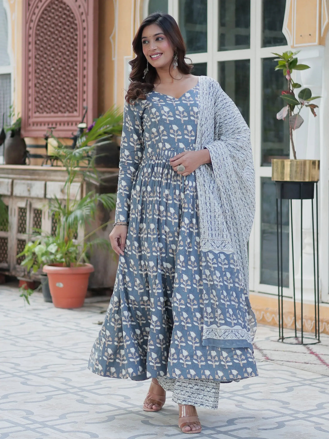 Glamorous Grey Printed Cotton Casual Wear Anarkali Suit With Dupatta - Zeel Clothing
