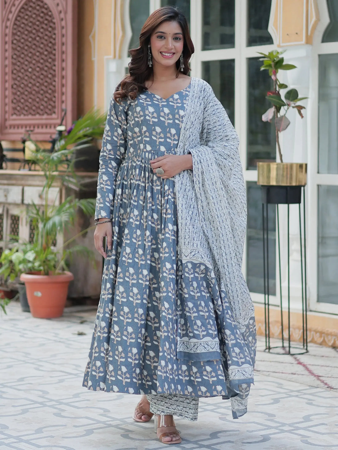 Glamorous Grey Printed Cotton Casual Wear Anarkali Suit With Dupatta - Zeel Clothing