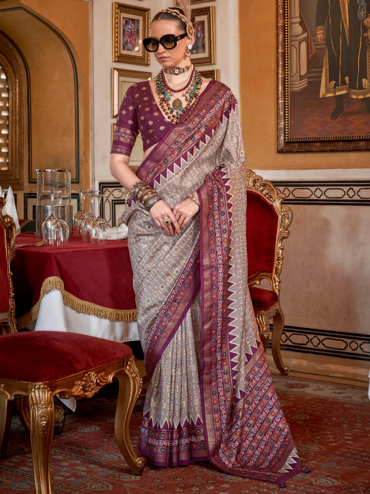 Glamorous Grey Printed Silk Traditional Saree With Blouse - Zeel Clothing