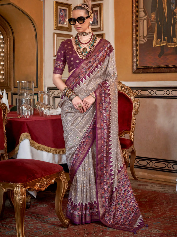 Glamorous Grey Printed Silk Traditional Saree With Blouse - Zeel Clothing