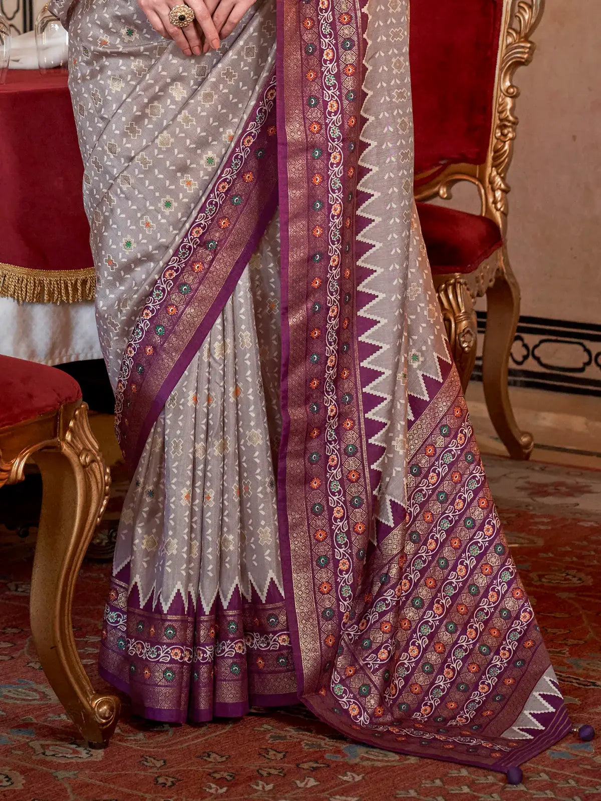 Glamorous Grey Printed Silk Traditional Saree With Blouse - Zeel Clothing